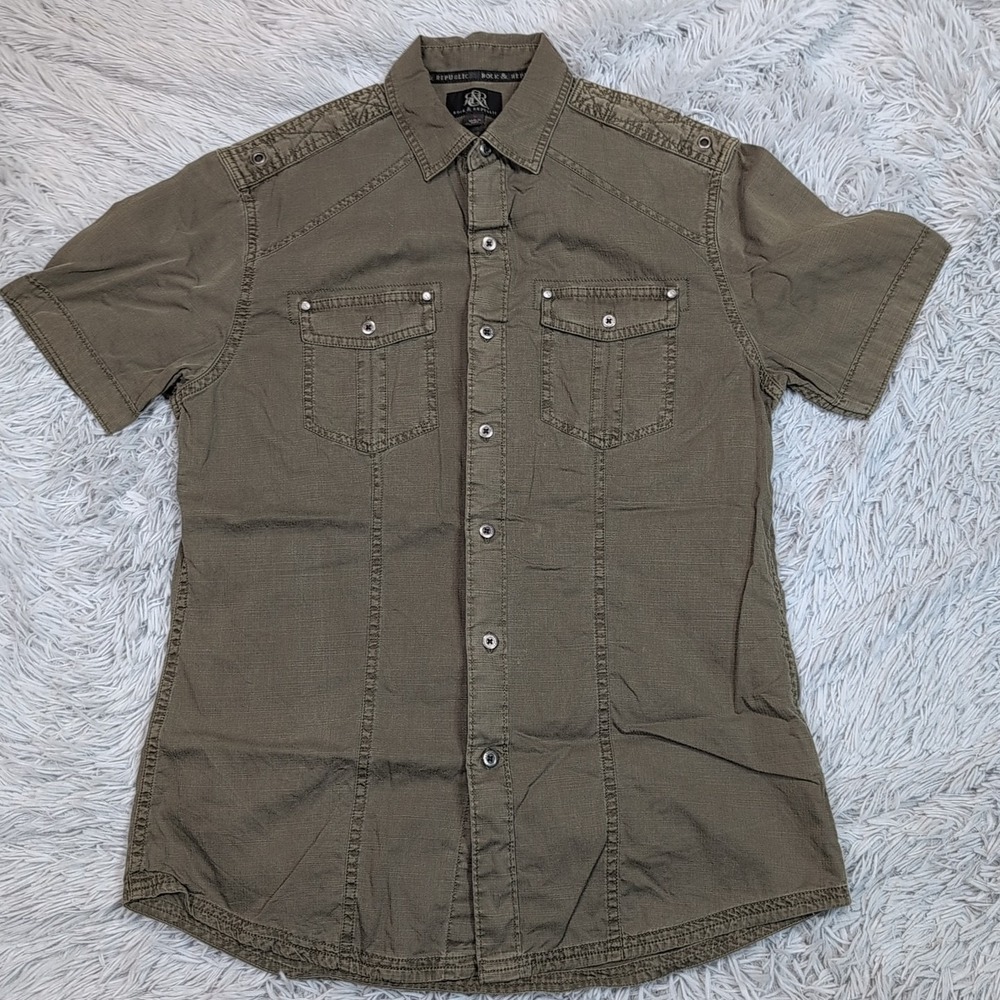 Rock & Republic Shirt Mens S Green Pockets Punk Grunge Casual Preppy Button Up